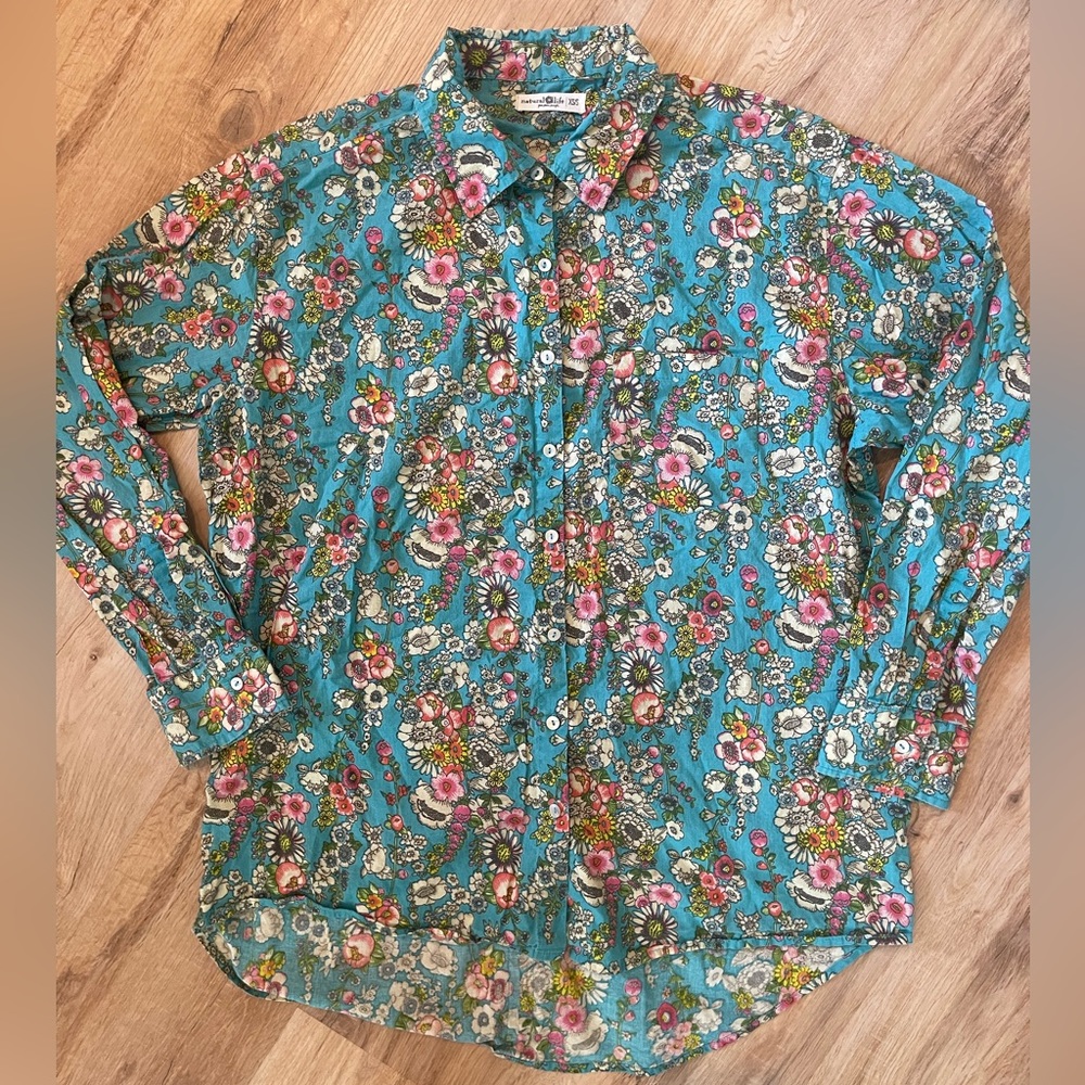 NATURAL LIFE Floral Button Down Shirt - Teal and Pink